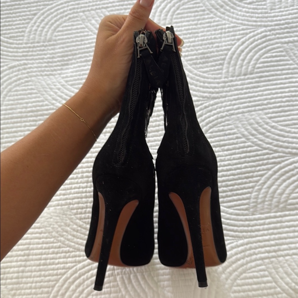 Alaia Black Suede Laser-Cut Embellished Stiletto Ankle Boots - Picture 4 of 5